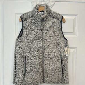 J. America Women Medium Gray White‎ Black Plush Sherpa Fleece Zip Up Vest Jacket